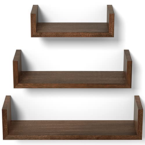 SRIWATANA Dark Brown Floating Shelves, Set of 3 Wood Wall Mounted Shelves - color: Dark Brown