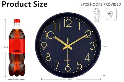 Modern Silent Wall Clock, 12 Inch Wall Clocks Battery Operated Large Number, Non-Ticking Analog Clock with Tempered Glass Quartz Clocks for Living Room Bedroom Office Kitchen, Navy Blue - color: Navy Blue, size: 12 Inch