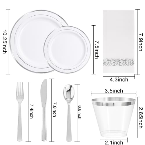 WELLIFE 700 Pieces Silver Plastic Dinnerware Set for 100 Guests - Includes Plates, Cups, Napkins, and Disposable Cutlery - Elegant White & Silver Design, Perfect for Parties and Events - color: Silver, style: 700PCS（100Guests）