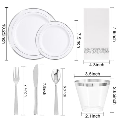 WELLIFE 700 Pieces Silver Plastic Dinnerware Set for 100 Guests - Includes Plates, Cups, Napkins, and Disposable Cutlery - Elegant White & Silver Design, Perfect for Parties and Events - color: Silver, style: 700PCS（100Guests）