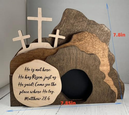 The Empty Tomb Easter Scene and Cross Decoration, He is Risen Decor,Jesus Tomb Tray Bundle Kit, Wooden Easter Jesus Sign Tiered Tray Decorations for The Home, Tabletop, Office (Wood)