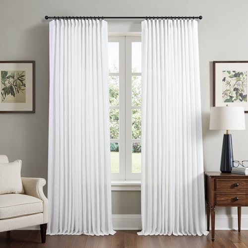 Thick Linen White Pleated Curtains 90 Inch Long for Living Room Bedroom Aesthetic 2 Panel Pinch Pleat Drapes Back Tab Light Filtering Sheer Ceiling Floor Custom Length Gauze Curtain Dining Room Office - color: White, size: 40"W x 90"L (Pack of 2)