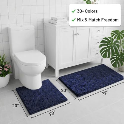 Bathroom Rugs Sets 2 Piece,Super Absorbent Chenille Bath Mats and U-Shaped Toilet Rug,Strong PVC Non Slip Backing,Microfiber Washable Dry Quickly Bath Mats for Bathroom(20"x32"+20"x20"U,Navy Blue) - color: Navy Blue