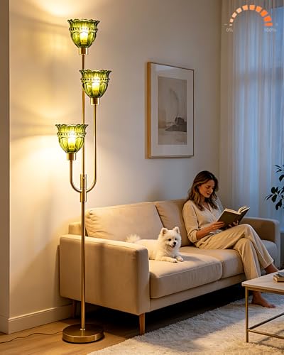 Green Glass Floor Lamp 66IN 3-Light Modern Gold Dimmable Tree Floor Lamps - color: Green Lace-Gold