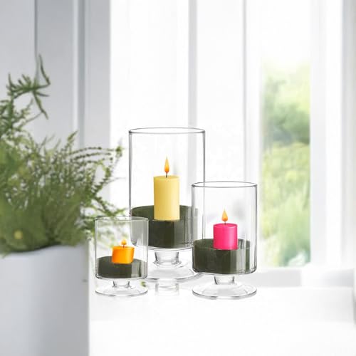 WGVI Clear Glass Pedestal Hurricane Candle Holder, 6"+8"+10" H, Decorative Vase for Pillar Candles, Short Stemmed Candleholder Cylinder, Tabletop, Home Décor, 1 Set of The Smaller 3 Sizes - size: 6", 8", 10" H (3-Piece Set)