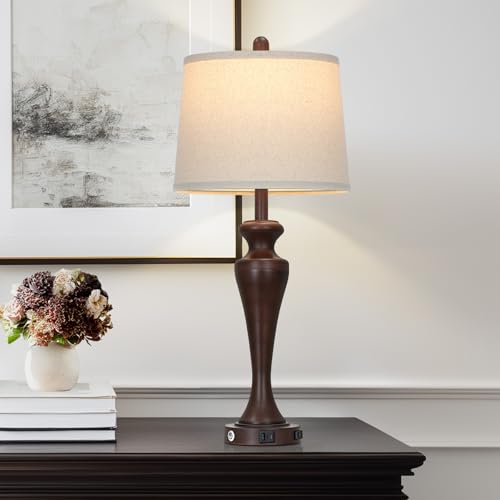 30" Brown Table Lamp Single, 3-Way Touch Control Bedside Lamp with USB A+C Ports and AC Outlet, Tall Living Room Lamps for End Table, Elegant Coffee Bedroom Lamps for Night Stand - color: Brown1-1PK