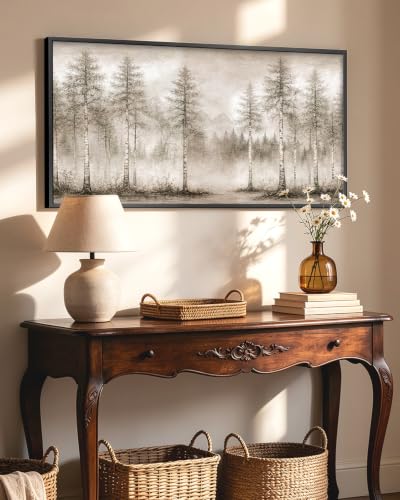 HUARCEY Metal Framed Textured Sandstone Wall Art 20"x40", Neutral Abstract Foggy Forest Landscape Canvas Print Large Modern Nature Birch Tree Painting Artwork for Living Room Bedroom Office - color: Sketched tree