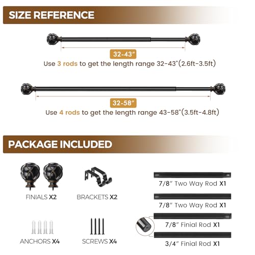 KAMANINA Black Curtain Rod 32 to 58 Inch, Adjustable Heavy Duty Rods - color: Black, size: 32-58"