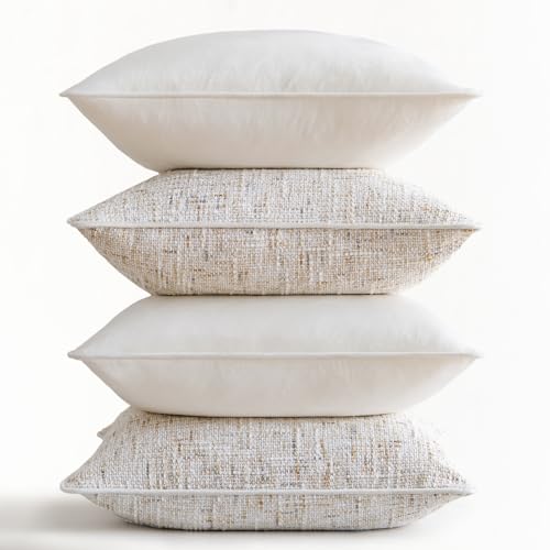 a moment Beige 4 Pack Throw Pillow Covers - Chenille & Velvet Set with Piping, Farmhouse Textured Design Pillow Cases for Couch Sofa Bed Livingroom (22x22 Inch, No Insert) - color: Beige, size: 22" x 22" (Pack of 4)
