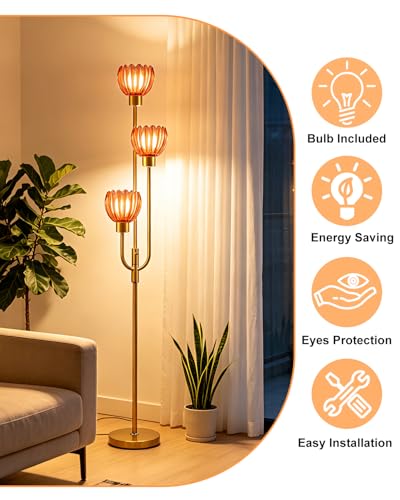 Modern Glass Floor Lamp 66IN 3-Light Red Glass Gold Dimmable Floor Lamps - color: Deep Red Lotus-Gold