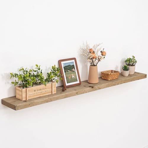 FLYJOE Solid Wood Floating Shelves, 8" Deep Rustic Reclaimed Barnwood Wall Hanging Floating Shelf with Invisible Heavy-Duty Metal Bracket | Wall Mounted | Farmhouse Style | 55 inches,1PC,Natural - color: Distressed Natural, size: 55inches-1P