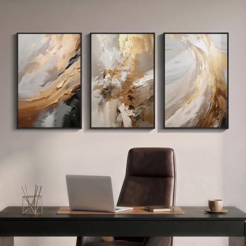 Framed Neutral Gold Abstract Wall Art for Bedroom, 3 Piece Set, 16x24 In - color: Neutral Gold Accents, size: 16" W x 24" H x 3pcs