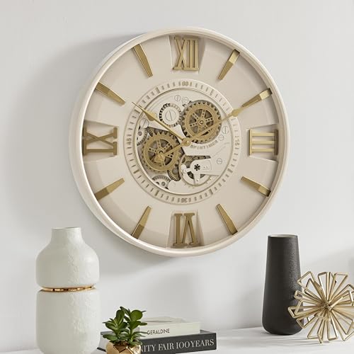 CLXEAST Mid Century Modern 24 Inch Moving Gear Walll Clock, Ivory &Gold - color: Modern Cream and Gold, size: 24 Inch