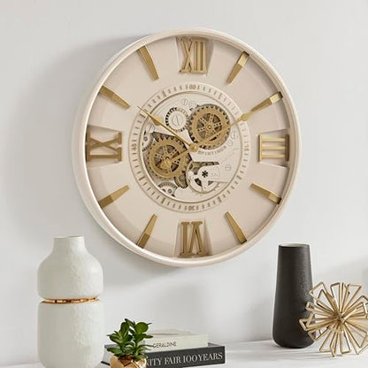 CLXEAST Mid Century Modern 24 Inch Moving Gear Walll Clock, Ivory &Gold - color: Modern Cream and Gold, size: 24 Inch
