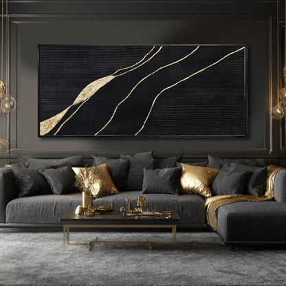 Black Gold Hand Painted Abstract Canvas Wall Art Living Room 32x70 Inch - color: Black, size: 70"L x 32"W