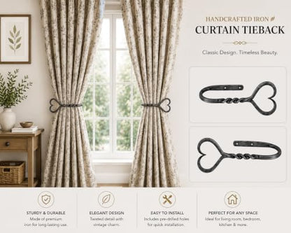 Hand Forged Heart Shape Curtain Holdbacks Set of 2Pcs Wrought Iron Handmade Curtain Tie Back Metal Wall Mounted Window Decorative Tiebacks Curtain Hook Drapes Metal Holders by Living Ideas, LIAMZ353