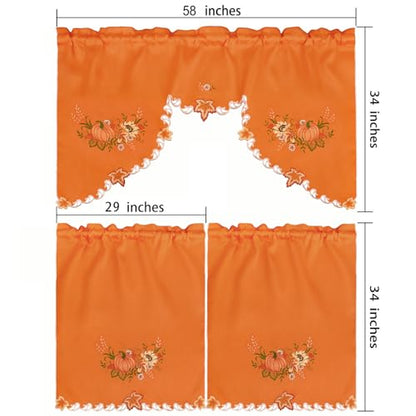 Simhomsen Embroidered Rod Pocket Fall Autumn Harvest Pumpkins Kitchen Window Curtain Swag and Tiers Set for Thanksgiving (Orange Pumpkins) - color: Orange Pumpkins