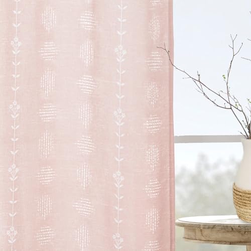 Cute Pink Curtains for Nursery Girl Bedroom,Boho Floral Light Blush Linen Sheer Princess Curtains for Baby Teen Room Decor Aesthetic - color: Pink, size: 52"W x 63"L (Pack of 2)