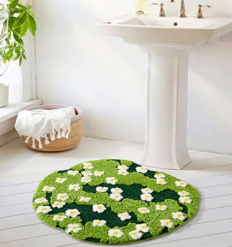 Cute Green Floral Large Bathroom Rugs Bath Mat 3ft Non Slip Washable, Modern Chic Boho Aesthetic Trendy Funky Microfiber Shaggy Tufted Grass Rugs for Bedroom Dorm Nursery Bathroom Kitchen - size: Irregular-3ft