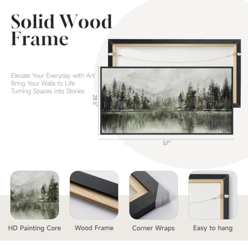 Framed Pine Tree Forest Lake Landscape Wall Art for Living Room, 60x30 Inch - color: Gray Green