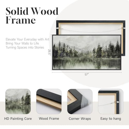 Framed Pine Tree Forest Lake Landscape Wall Art for Living Room, 60x30 Inch - color: Gray Green