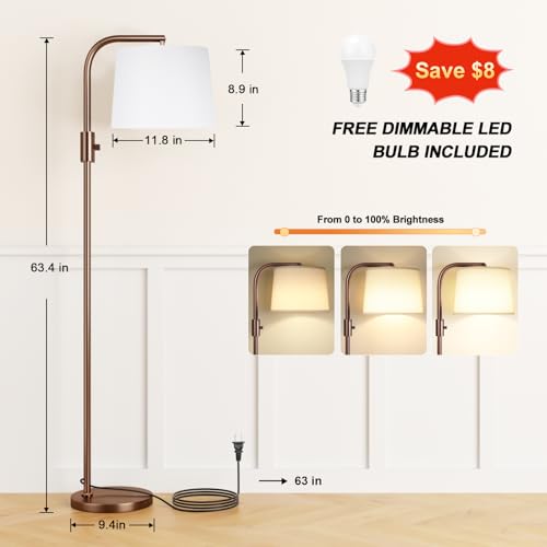 Ambimall Fully Dimmable Floor Lamp with 9W LED Bulb - Standing Lamp for Living Room with Adjustable Head, Modern Tall Light with Rotary Switch for Office, Brown and White - color: I:Brown and Linen White
