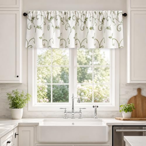 VOGOL Green Vine Embroidered Kitchen Valance, 52 x 14 Inches - color: Green, size: 52"W x 14"L (Pack of 1)