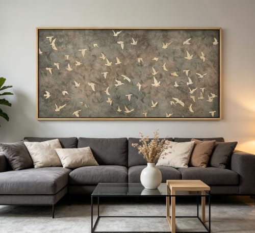 Large Wood Framed Bird Silhouette Wall art,Vintage-Inspired Flying Birds Canvas Print,Rustic Natural scenery Picture Poster,Modern Art Calm Warm Painting Artwork for Bedroom Living Room Office - color: Birds, size: 32"L x 16"W