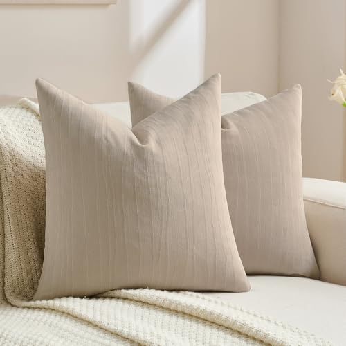 FUTEI Pack of 2 Chenille Striped Throw Pillow Covers 16x16 Inch,Beige - color: Beige, size: 16" x 16" (Pack of 2)