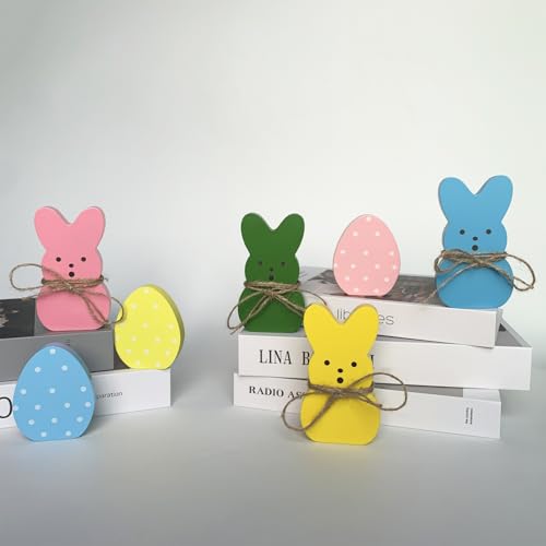 Easter Decorations 7PCS Wood Bunny Eggs Spring Decor Signs for Home, Wooden Rabbit Freestanding Cute Table Centerpieces Tiered Tray Decoration for Office Tabletop Mantel Shelf Party Supplies