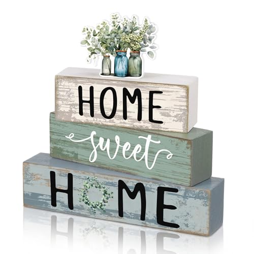 Cinnvoice 4 Pcs Eucalyptus Mason Jar Wooden Block Decor Tiered Tray Signs - style: Eucalyptus Mason Jar
