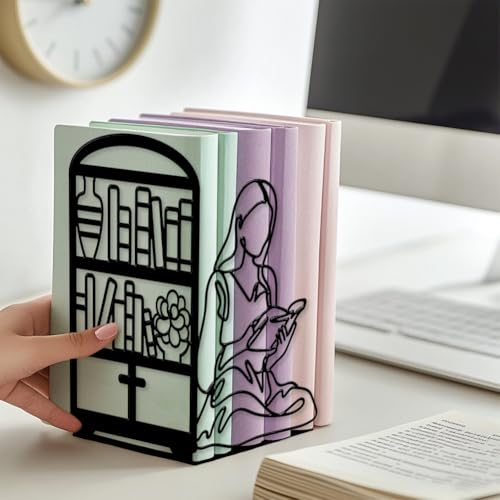 Peacoblue 5.5"x4.3"x8.3" Metal Bookends, Heavy Duty Book Ends for Shelves - style: Book and Reading Girl