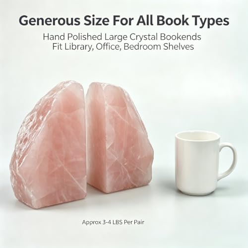 Natural Rose Quartz Bookends 3-4 LBS - Heavy Duty Crystal Book Ends for Shelves, Pink Stone Decorative Home Office Desk Accessories, Gemstone Bookend Set of 2