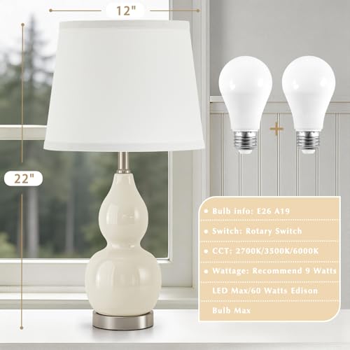 GyroVu 22" Table Lamp Set of 2, Color Temperature Adjustable Double Gourd Ceramic Lamps Classic Nightstand Table Lamps for Bedroom Beside Lamps for Living Room, Cream-Bulbs Included - color: 22.63" Cream Gourd
