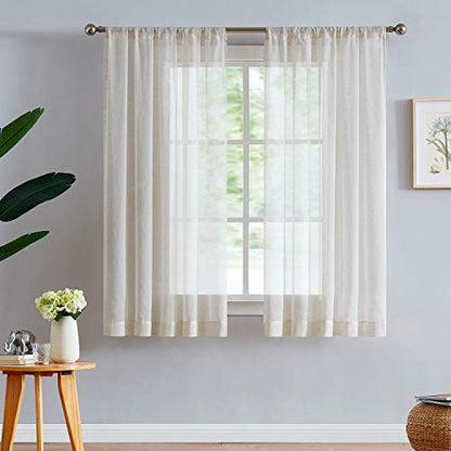 FMFUNCTEX Beige Linen Sheer Curtains, 45 Inches, 2 Panels for Bedroom - color: Rod Pocket| Natural, size: 52"W x 45"L (Pack of 2)