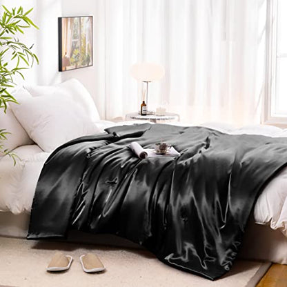 Vonty Black Satin Throw Blanket 50x60In, Cooling Silky Wrinkle-Free - color: Black, size: 50" x 60"