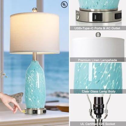 Rinweey 26" Bule Glass Table Lamps Set of 2,Nautical lamp with USB A+C Ports & AC Outlet,Coastal Bedside Lamps with 3-Way Dimmable Touch Control Night Light for Bedroom Living Room,Sky Blue - color: Sky Blue