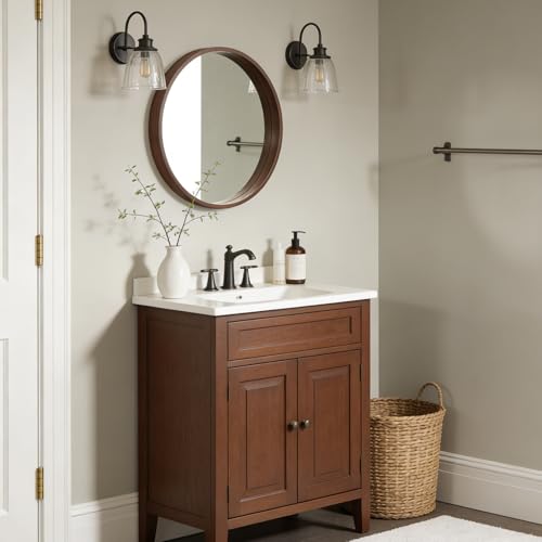WallBeyond 24 Inch Round Wood Mirror, Circle Wooden Frame Wall Mirror for Bathroom, Living Room, Bedroom, Entryway (Walnut) - color: Walnut, size: 24"L x 24"W