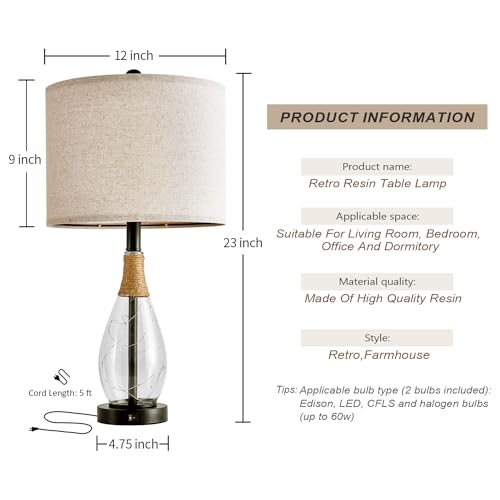 OYEARS 23" Table Lamps for Living Room Set of 2 Bedside Lamps for Night Stands Bedroom Lamps Farmhouse Rattan Boho Lamp Glass Nightlight End Table Lamp with USB C+A (Black),Two Light Points - color: Farmhouse Black