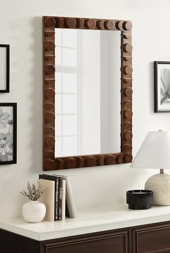 Kate and Laurel Lunara Modern Rectangle Wood Wall Mirror, 24 x 35, Walnut Brown, Mid-Century Dark Wooden Rectangular Bathroom Mirror for Over Sink with Geometric Detailing - color: Walnut Brown
