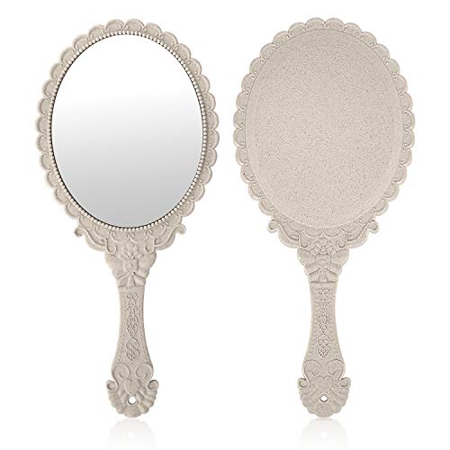 YUSONG Makeup Handheld Mirror with Handle(2 Pack Beige) - color: 2 Pcs Lvory White