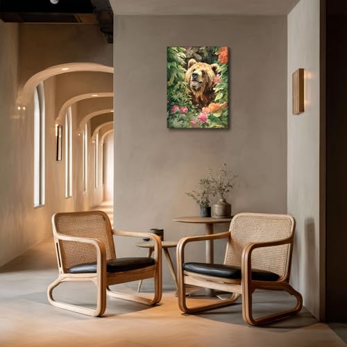 Halioyo Brown Bear Canvas Wall Art, Floral Bear Painting Print(12x16 in) - color: Painting-10, size: 16"L x 12"W