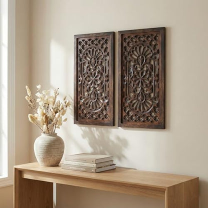 Wood Wall Art Panels, Hand Carved 12x24" Set of 2, Burnt Brown Cutwork - color: Burnt Brown, size: 24"L x 12" W - Flower