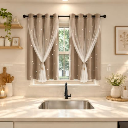 Coffee Kids Star Cutout Curtains for Bedroom 52" W x 45" L 2 Panels - color: Coffee, size: 52"W x 45"L (Pack of 2)