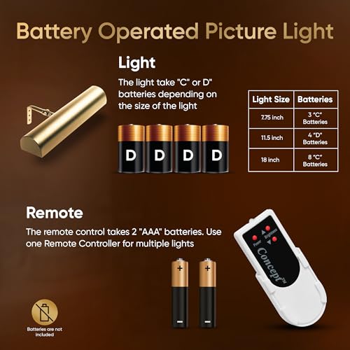 Concepdesigns Picture Light, Battery Operated Picture Light, Dimmable Wireless Picture Lights for Wall, Art Light, Library Light Battery Operated with Remote Control - 7.75 inches, Polished Brass - color: Polished Brass, size: 7.75 inch