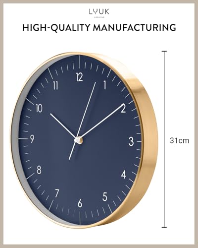 LUUK LIFESTYLE Modern Silent Quartz Wall Clock, 12in, Dark Blue & Gold | Elegant & Simple, Non-ticking, Analog, Easy-to-read display, Battery operated, for Guest room, Bedroom, Kitchen - color: Dark Blue, 12"