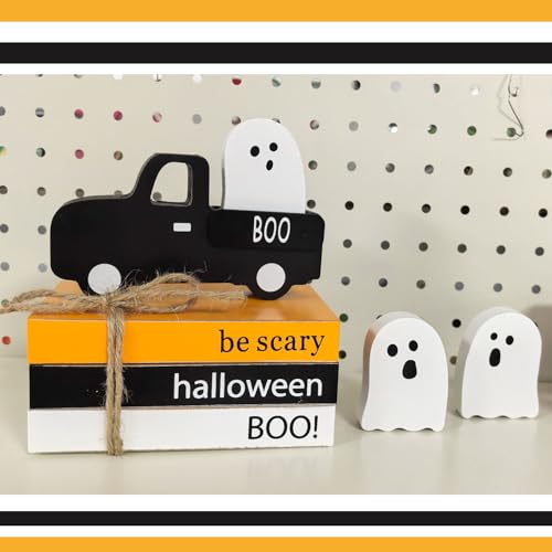 Halloween Decorations 7PCS Table Centerpieces, Cute Spooky Halloween Decor for Tiered Tray Shelf Mantel Fire Place Office Desk, Rustic Farmhouse Wood Faux Book Stack and Ghosts Sign - color: Halloween