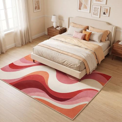 5x7 Pink and White Modern Abstract Wavy Washable Area Rug - color: Pink/White, size: 5' x 7' (Rectangular)