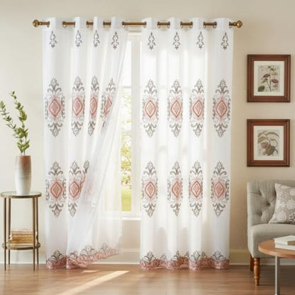 J&V TEXTILES Embroidered Curtain Set, 2 Panel Drapes with Backing & Valance, Medallion Pattern (Blush) - color: Blush