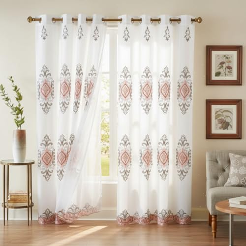 J&V TEXTILES Embroidered Curtain Set, 2 Panel Drapes with Backing & Valance, Medallion Pattern (Blush) - color: Blush